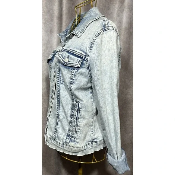FRAYED Jeans  Denim Jacket Women's Medium Stone/Acid Wash Light Blue Classic‎ - Picture 5 of 12